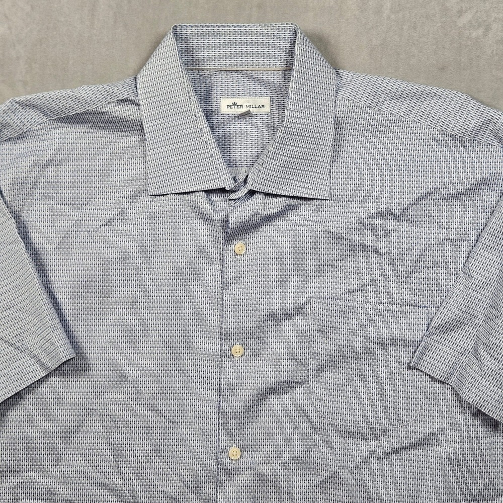 Peter Millar Button Up Shirt Mens XXL Blue All Over Print Short Sleeve Pocket
